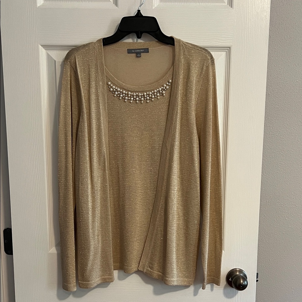 Chico's Shimmering Gold Cardigan with Pearl Accent